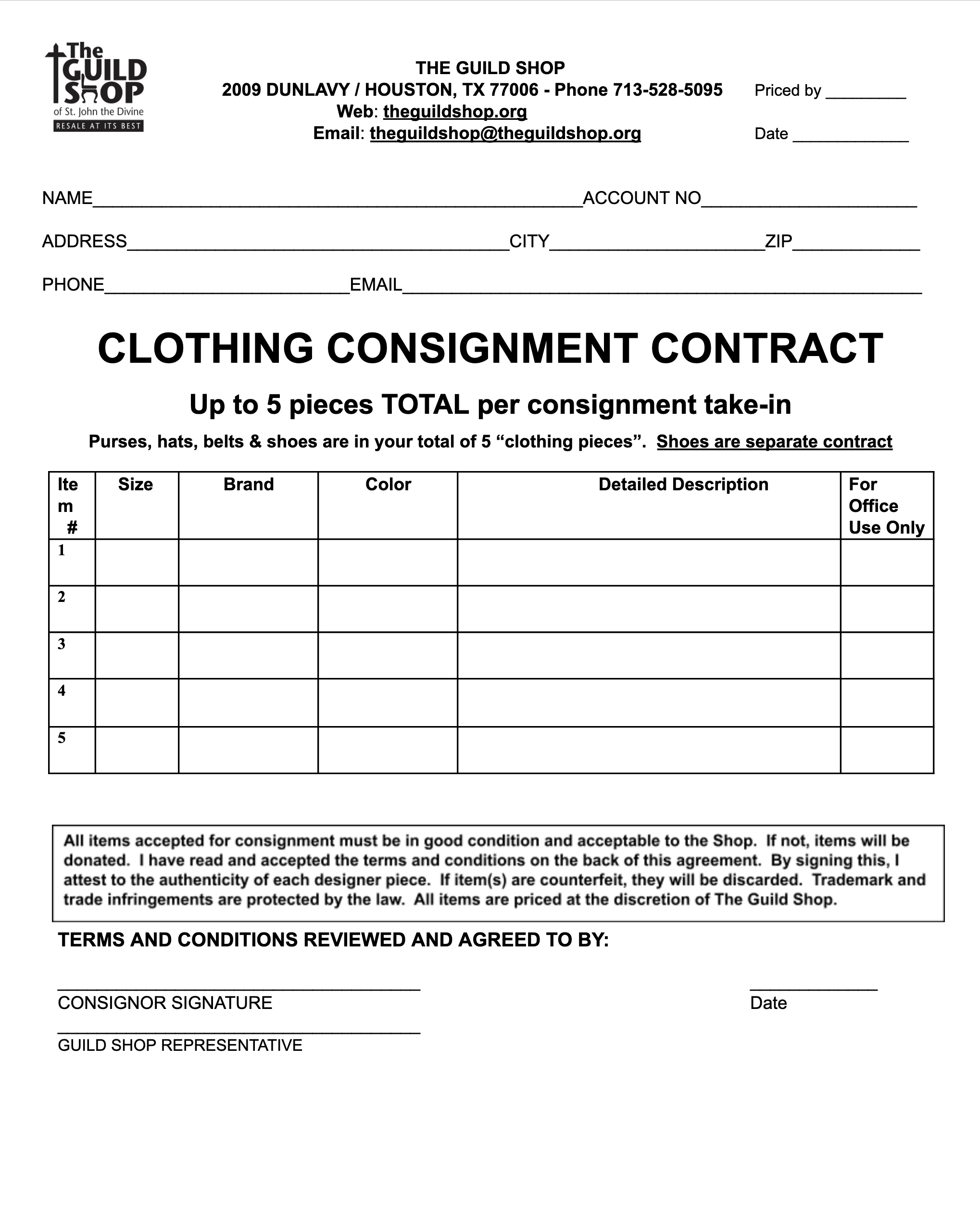 Consignment Form Uniform Consignment Contracts | Forms | The Guild Shop – The Guild Shop of St ...