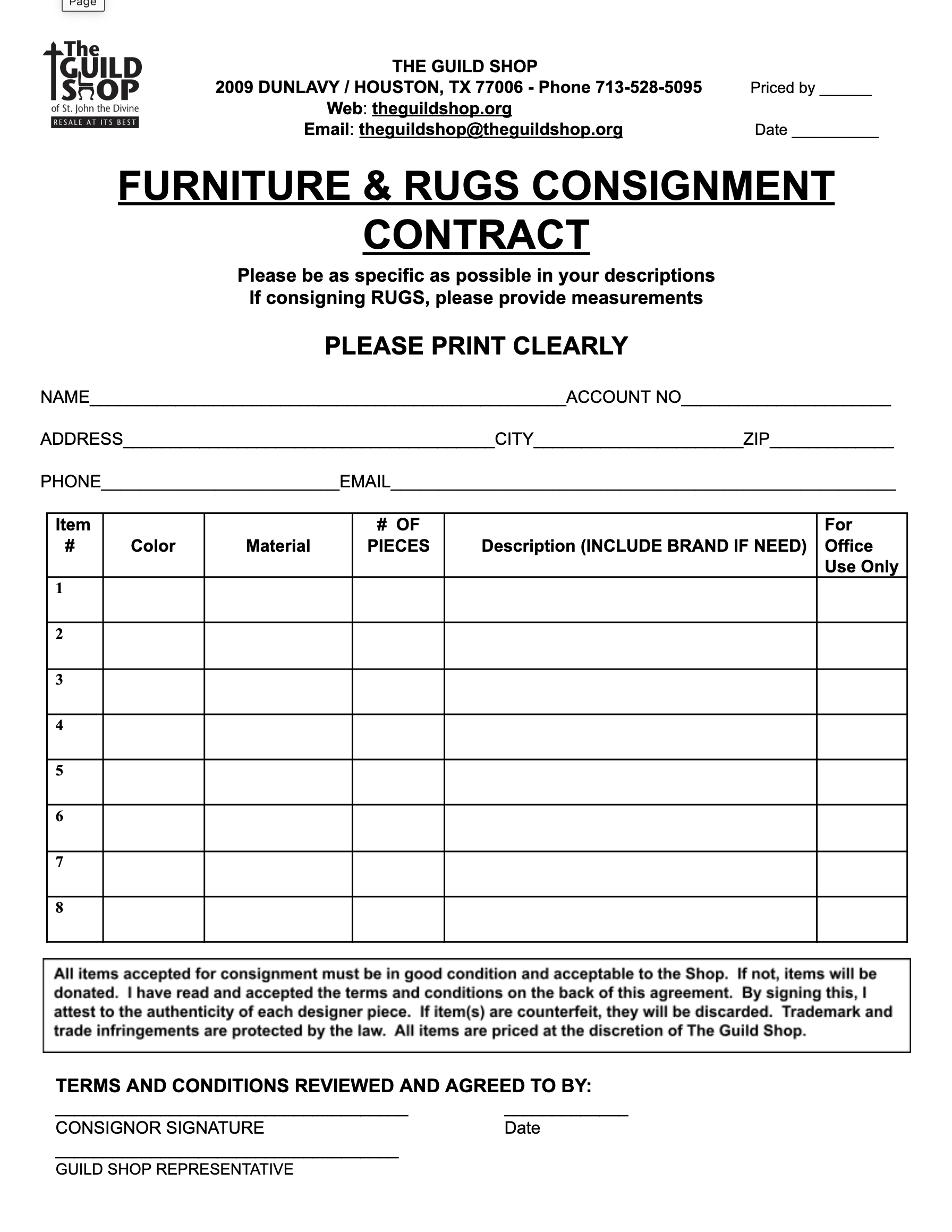 Furniture and rugs consignment contract with item details and material fields