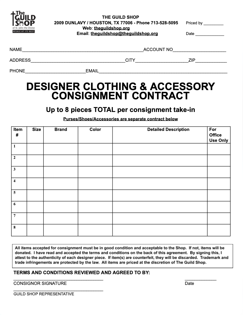 Designer clothing and accessory consignment contract with size, brand, color, and description fields
